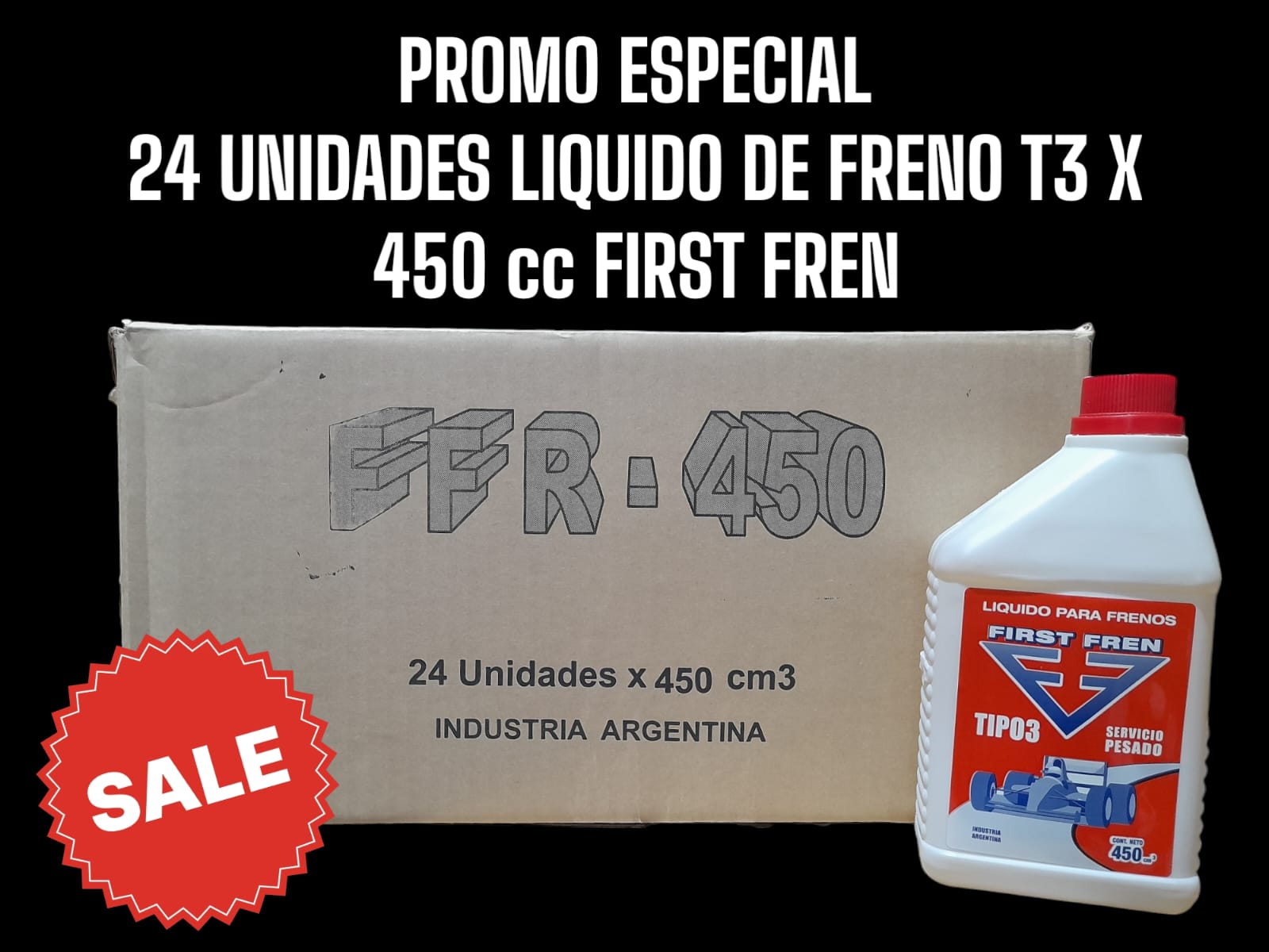 PROMO CAJA X 24 UNIDADES  Liquido de frenos  x 450 cc, - LUB00002 FIRST FREN (Líquido para frenos,servicio super pesado tipo 3, especialmente formulado para sistemas de frenos hidráulicos, pudiéndose  mezclar  únicamente  con líquidos normalizados. El mismo debe ser agregado o cambiado de acuerdo a directivas del fabricante del vehículo.  )
