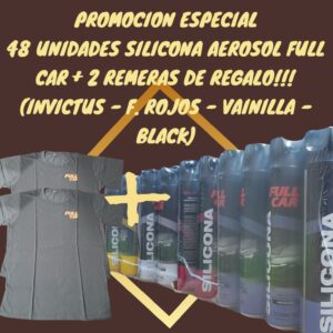 PROMO 2 REMERAS SIN CARGO  X 4 PACK X 12 UNIDADES (TOTAL 48 AEROSOLES)  SILICONA AEROSOL X 440 CM3 ( 12 BLACK + 12 VAINILLA + 12 FRUTOS ROJOS + 12 INVICTUS ) - FUL 470 - FUL 472 - FUL 474 - FUL 476 - FUL 478 - FUL 480 - FUL 482 - FUL 484 - FULL CAR SILICONA AEROSOL PARA NEUMATICOS REVIVIDOR DE NEUMATICOS Y ALFOMBRAS  (Silicona multiuso aromatizada en aerosol. Da brillo renueva yprotege cueros, plásticos, vinílicos y gomas.Fragancias: Surtidas, Nacionales e Internacionales)(simil A3130/12 / ful 047 / plus 7020 / K78 207 )