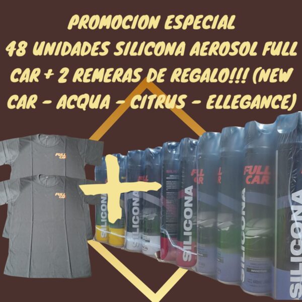 PROMO 2 REMERAS SIN CARGO  X 4 PACK X 12 UNIDADES (TOTAL 48 AEROSOLES) SILICONA AEROSOL X 440 CM3 (12 NEW CAR + 12 ACQUA + 12 CITRUS + 12 ELLEGANCE ) - FUL 470 - FUL 472 - FUL 474 - FUL 476 - FUL 478 - FUL 480 - FUL 482 - FUL 484 - FULL CAR SILICONA AEROSOL PARA NEUMATICOS REVIVIDOR DE NEUMATICOS Y ALFOMBRAS  (Silicona multiuso aromatizada en aerosol. Da brillo renueva yprotege cueros, plásticos, vinílicos y gomas.Fragancias: Surtidas, Nacionales e Internacionales)(simil A3130/12 / ful 047 / plus 7020 / K78 207 )