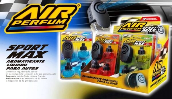 PROMO X 12 UNIDADES TC AIR PERFUM SPORT MAX SURTIDO 12unid.c/3 x 12ml ((Aireador + 3 REPUESTOS) Fragancias Surtida: Vainilla Pride-Frances-Limon)
