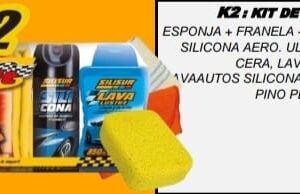 PROMO X 4 UNIDADES TC K2 SILISUR KIT LAVADO ESPONJA 1 Pack x 4 unid ESPONJA + FRANELA + REJILLA + SILICONA AERO. ULTRA 140g + CERA, LAVALUSTRE ó LAVAAUTOS SILICONADO 350cc + PINO PERFUMADO