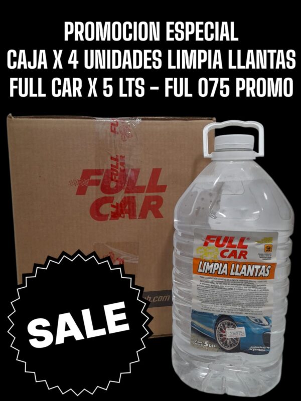 PROMO CAJA X 4 UNIDADES Bidon LIMPIA LLANTAS X 5L  (DILUCION 1 EN 1) - FUL 075 FULL CAR LIMPIEZA PARA NEUMATICOS  -DESENGRASANTE - LLANTAS - SIMIL K78 819 - K78 653 - K78 651 )   ( Limpiador concentrado para la limpieza de llantas de aleación.Remueve grasa y todo tipo de suciedad impregnada sinnecesidad de cepillar.Dilución para el uso: 1 parte en 1 de agua.)