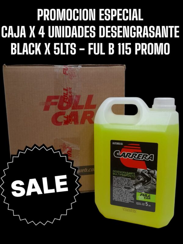 PROMO CAJA X 4 UNIDADES DESENGRASANTE BLACK X 5 L  (DILUCION 1 EN 10) - FUL B 115 FULL CAR (LIMPIEZA - MOTORES -EXTERIORES - BICHOS - PISOS - TODO TIPO DE SUPERFICIES- SIMIL K78 827)  ( Desengrasante concentrado biodegradable para lavar motoresDilución para el uso: 1 parte en 10 de agua.piezas, máquinas y carrocerias que pueden ser tratadas con agua)