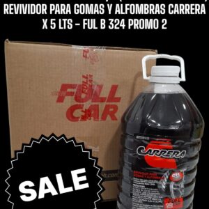 PROMO 5 CAJAS X 4 UNIDADES (TOTAL 20 BIDONES X 5 LITROS)  REVIVIDOR DE NEGRO GOMAS Y ALFOMBRAS CARRERA X 5 L - FUL B 324 FULL CAR (REVIVIDOR - EXTERIORES -CUBIERTAS -RUEDAS - SIMIL K78 A809 - K78 A842)  (  Gel revividor del color negro y abrillantador de neumáticos yalfombras.Solución acuosa gelificada.Libre de solventes.)