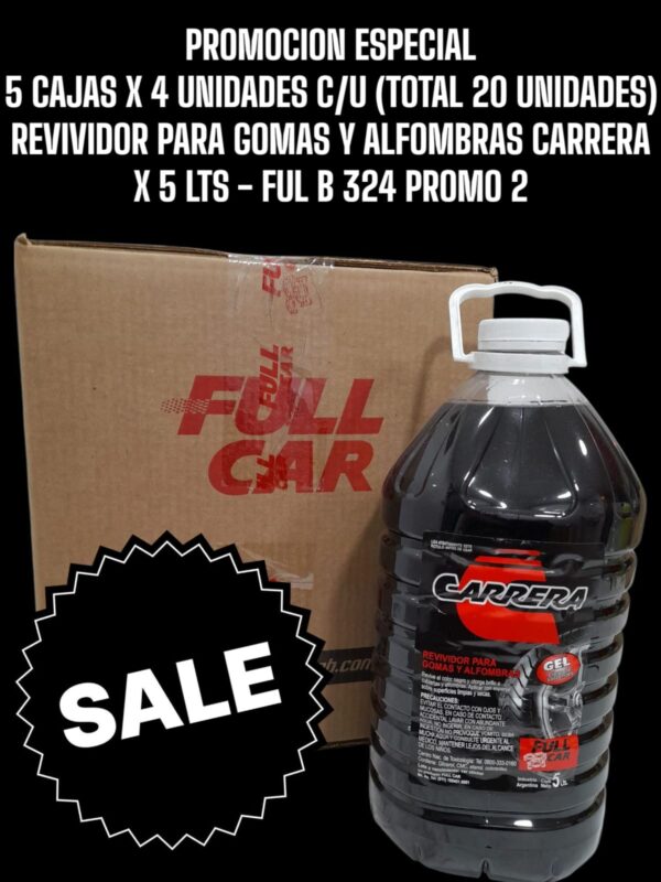 PROMO 5 CAJAS X 4 UNIDADES (TOTAL 20 BIDONES X 5 LITROS)  REVIVIDOR DE NEGRO GOMAS Y ALFOMBRAS CARRERA X 5 L - FUL B 324 FULL CAR (REVIVIDOR - EXTERIORES -CUBIERTAS -RUEDAS - SIMIL K78 A809 - K78 A842)  (  Gel revividor del color negro y abrillantador de neumáticos yalfombras.Solución acuosa gelificada.Libre de solventes.)