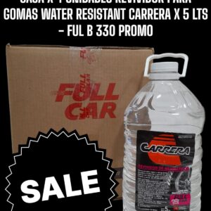 PROMO CAJA X 4 UNIDADES REVIVIDOR DE NEGRO GOMAS CARRERA WATER RESIST  X 5 L - FUL B 330  FULL CAR (REVIVIDOR - EXTERIORES -CUBIERTAS -RUEDAS - SIMIL K78 A817 - FUL 003)  (  Revividor de neumáticos a base de siliconas.Revive el color negro y otorga brillo duradero.RESISTENTE AL AGUA.)