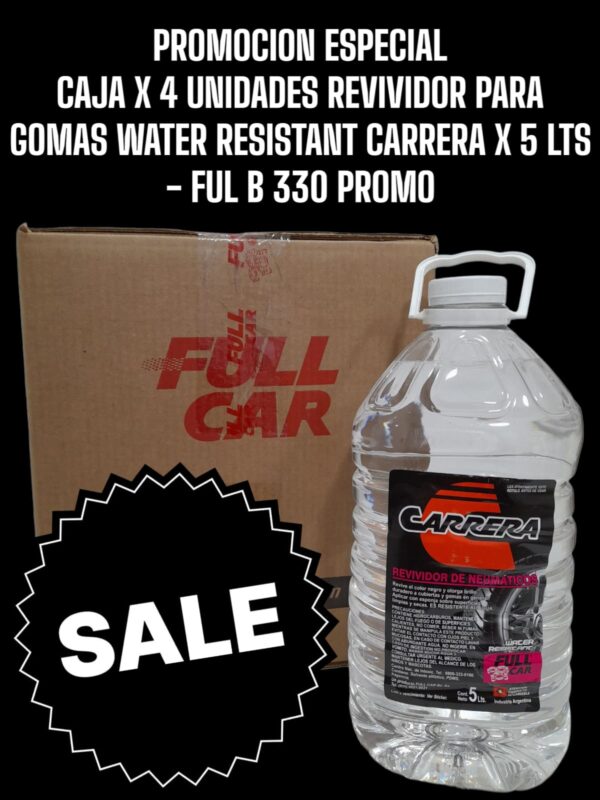 PROMO CAJA X 4 UNIDADES REVIVIDOR DE NEGRO GOMAS CARRERA WATER RESIST  X 5 L - FUL B 330  FULL CAR (REVIVIDOR - EXTERIORES -CUBIERTAS -RUEDAS - SIMIL K78 A817 - FUL 003)  (  Revividor de neumáticos a base de siliconas.Revive el color negro y otorga brillo duradero.RESISTENTE AL AGUA.)