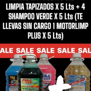 PROMOCION OFERTA ESPECIAL  LAVADERO (1) 4 BRILLO EXPRESS X 5 LITROS + 4 LIMPIA TAPIZADOS X 5 LITROS + 4 SHAMPOO VERDE X 5 LITROS (TE LLEVAS SIN CARGO 1 MOTORLIMP PLUS X 5 LITROS)