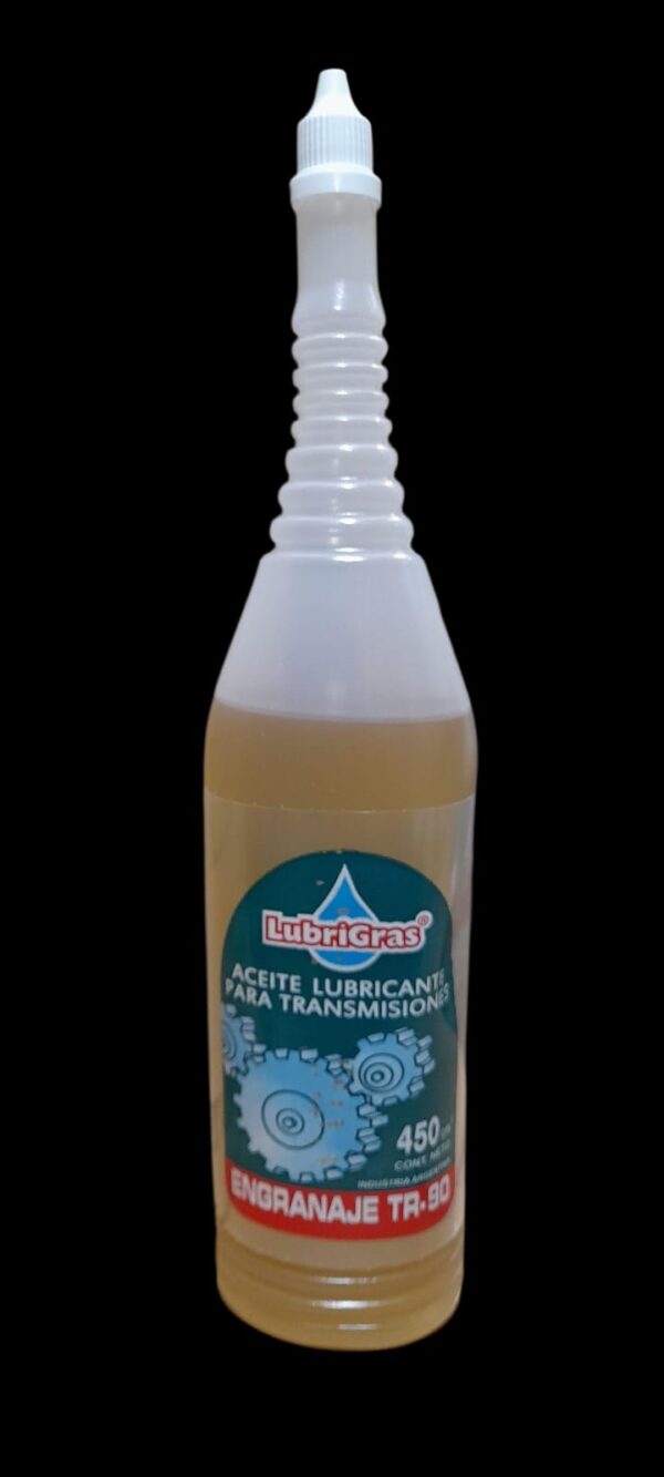 POMO  TRANSMISION 90 (TR90) X 450 CM3.PICO FLEX - TRAN03  LUBRIGRAS (Aceite transmisiónpara caja de velocidad y diferencialAceite para caja de veloc idad, diferencial y reduc­tores de engranajes. Apto para todo tipo de engra­ najes, los aditivos que contiene le brindan buenaresistencia a la pelicula lubricante con excelente         inhibición contra  oxidación y toda acción contra         agentes externos.)