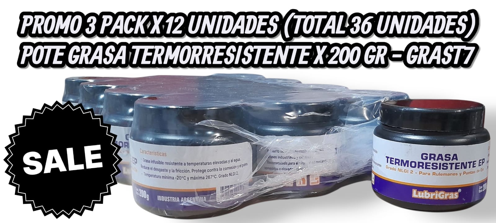 PROMO 3 PACK X 12 UNIDADES (TOTAL 36 UNIDADES) POTE GRASA TERMORRESISTENTE (RULEMANES MARRON ) x 200 Grs. - GRAST7 LUBRIGRAS (Grasa termoresistenteGrasa inf usible resistente a temperaturas eleva das y al agua. Reduce el desgaste y la fricción. Protege contra la corrosión y el polvo .)