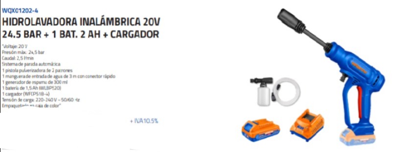 HIDROLAVADORA INALAMBRICA 20V 24.5 BAR + 1 BAT. 2 AH1 0+. 5C0A