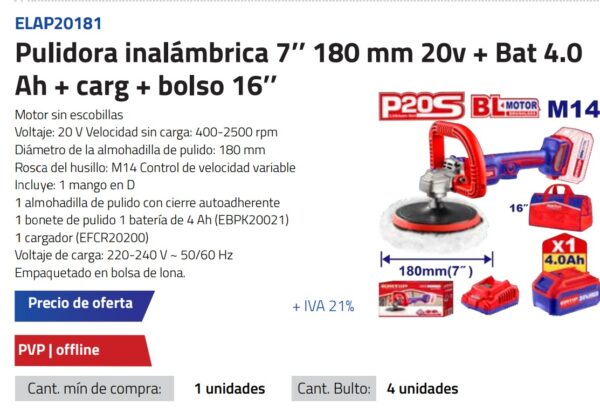 PULIDORA INALAMBRICA 7'' 180 MM 20V + BAT 4.0 AH + CA