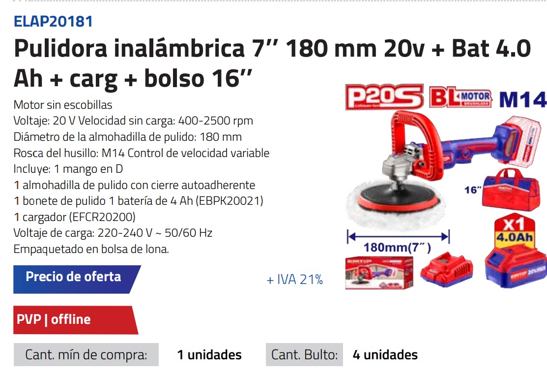PULIDORA INALAMBRICA 7'' 180 MM 20V + BAT 4.0 AH + CA