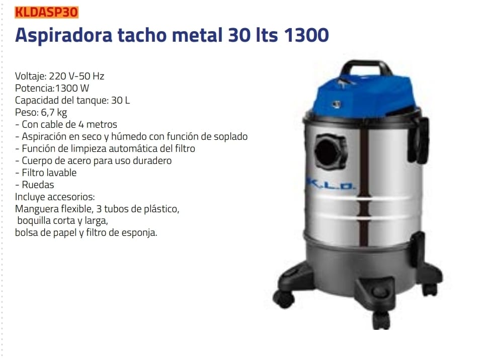 ASPIRADORA TACHO METAL 30 LTS 1300W Nº DESPACHO A PLAZA: 25001-IC04-162253-N