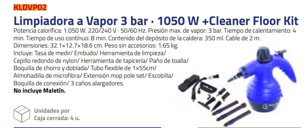 LIMPIADORA A VAPOR 3 BAR 1050W Nº DESPACHO A PLAZA: 24001-IC04-127368-U