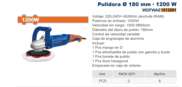 PULIDORA 7'' 180 MM 1200W Nº DESPACHO A PLAZA: