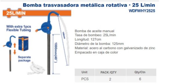 BOMBA TRASVASADORA MANUAL DE ACEITE 25 L/MIN Nº DESPACHO A PLAZA: 25001-IC04-122848-T