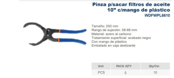 PINZA P/ SACAR FILTROS DE ACEITE 10'' C/ MANGO PLAS Nº DESPACHO A PLAZA: