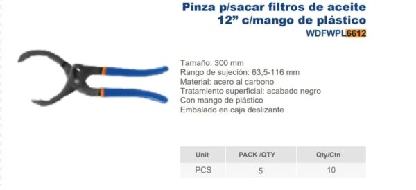 PINZA P/ SACAR FILTROS DE ACEITE 12'' C/ MANGO PLAS Nº DESPACHO A PLAZA: