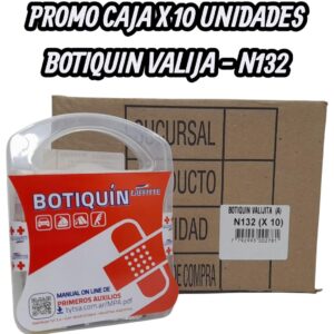 PROMO X 10 UNIDADES BOTIQUIN VALIJITA A Mas completo:Contiene:1 Alcohol en gel x 1,5 gr1 Caja x 8 Apósitos protectores1 Jabon perlitas 15gr1 Gasa 1 paquete por 10 paños2 Manoplas - QKL N132