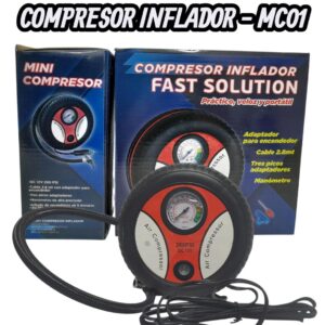 PROMO X 5 UNIDADES   >>Compresor de aire 260 PSI,>>Redondo 16,5 de diámetro>>Manguera de goma de alta calidad de 43CM.>>Con 3 adaptadores (2 de boquilla y 1 aguja)>>Cable de 2,4 mts con conector a encendedor 12V - QKL MC01