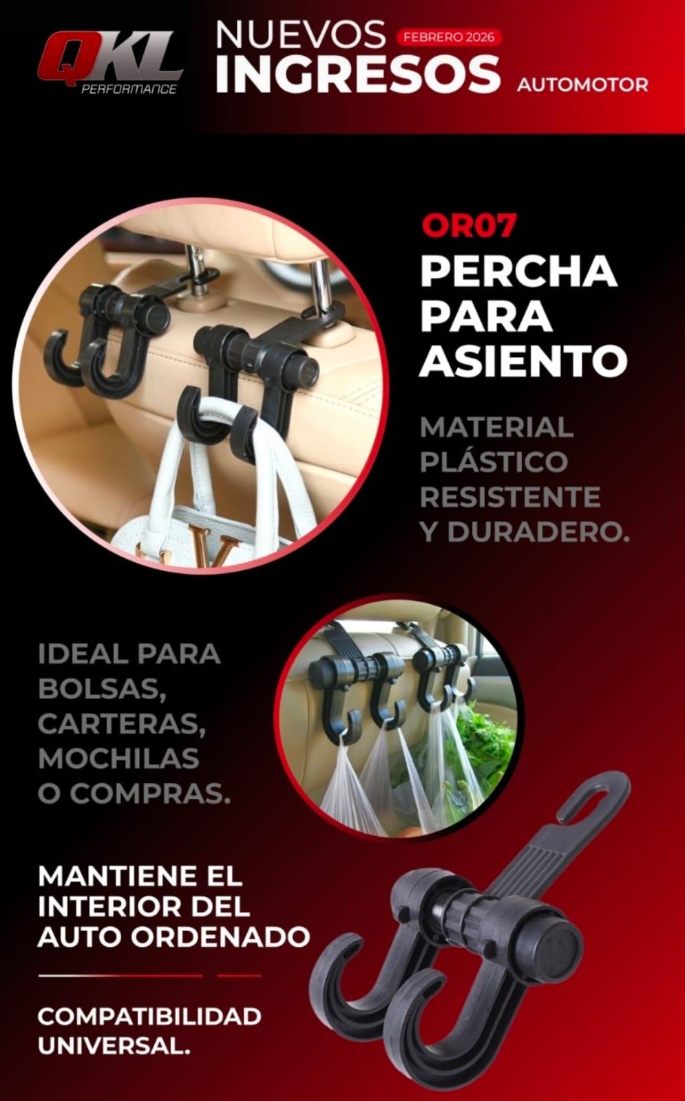 PERCHA GANCHO PARA APOYA CABEZA CON 2 COLGANTES HASTA 6 KGRS- QKL OR07