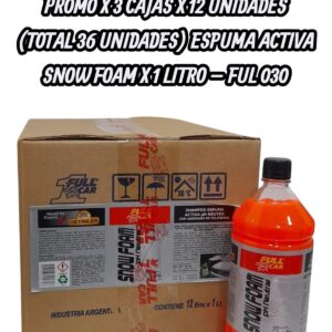 PROMO X 3 CAJAS X 12 UNIDADES (TOTAL 36 UNIDADES) ESPUMA ACTIVA (SHAMPOO - LAVA AUTOS ) SNOW FOAM X 1 LITRO - FUL 030 - FUL 028 FULL CAR (SIMIL a3901/12 / ful 029  / k78 301 - k78 302 / 3M 39006)  (Shampoo espuma activa neutralizada, con agregado depolímeros que otorgan brillo a la superficie. Ideal para ser usadacon foam lance en hidrolavadoras. Ideal para lavar vehículosencerados o tratados con selladores de todo tipo.)