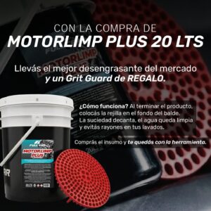 BALDE limpia motores Motorlimp Plus x 20L  (DILUCION 1 EN 7)  + GRIT GUARD REJILLA DECANTADOR 20 LITROS - FUL 124 FUL 012  FULL CAR (LIMPIEZA - MOTORES -EXTERIORES - BICHOS - PISOS - TODO TIPO DE SUPERFICIES- SIMIL K78 827)   (  Desengrasante concentrado biodegradable para lavar motores,piezas o máquinas que puedan ser tratadas con agua. Especialformulación sin olores apto para usar dentro del habitáculo.Dilución para el uso: 1 parte en 7 de agua.)