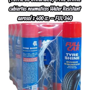 PROMO 3 PACKS X 12 UNIDADES (TOTAL 36 UNIDADES)  TYRE SHINE Revividor de negro (cubiertas neumaticos Water Resistant aerosol x 400 cc. - FUL 340 - FUL 034 FULL CAR (SILICONA AEROSOL PARA NEUMATICOS REVIVIDOR DE NEUMATICOS Y ALFOMBRAS simil ful 305 / a3230/12 / k78 205)   (  Revividor de neumáticos en Aerosol a base de siliconas.Revive el color negro y otorga brillo duradero.RESISTENTE AL AGUA.)