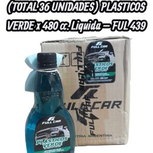PROMO 3 CAJAS X 12 UNIDADES (TOTAL 36 UNIDADES)   PLASTICOS VERDE x 480 cc. Liquida - FUL 439 FULL CAR (simil k78 202 - a3211/12 - plus 7005)  (Silicona aromatizada líquida. Da brillo renueva yprotege cueros, plásticos, vinílicos y gomas.)