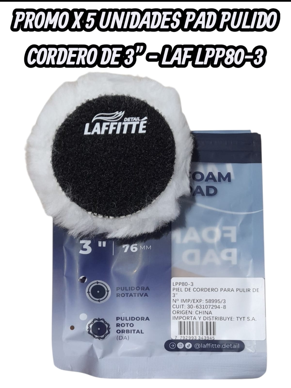 PROMO X 5 UNIDADES PAD DE PULIDO LAFFITTE CORDERO 3" ROTATIVA - LAF LPP80-3 PAÑOS - LIMPIEZA - MICROFIBRAS